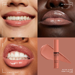 Butter Gloss Brown Sugar de NYX, brillo no pegajoso para un acabado natural.