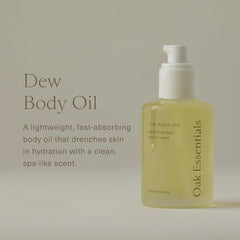 Oak Essentials Dew Body Oil, application-sur-peau: soin nourrissant qui pénètre sans résidu.