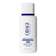Obagi Nu-Derm Gentle Cleanser, bouteille, nettoyage en douceur des impuretés et maquillage.