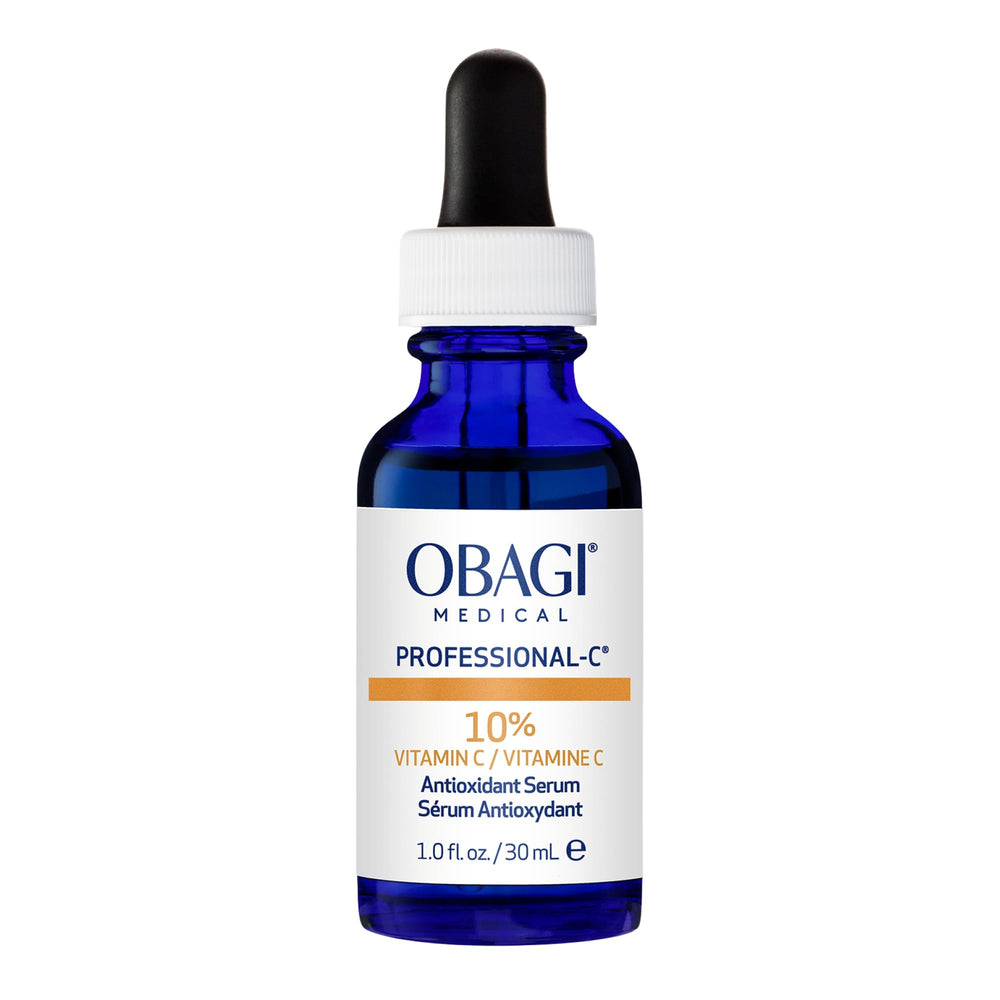 Obagi Professional-C 10% Serum, botella y gota para una aplicación suave diaria.