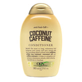 OGX botella de acondicionador fortificante con cafeína y coco para fortalecimiento.