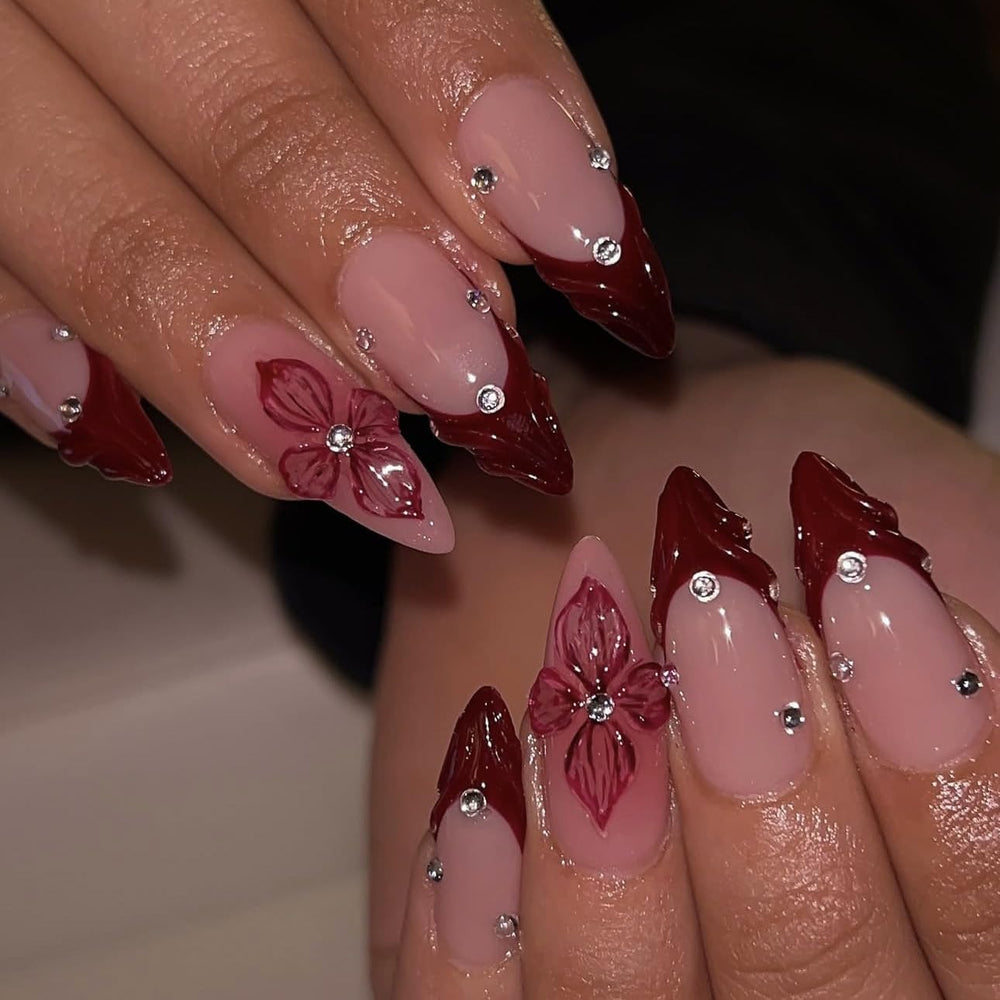 OHWODA Uñas francesas rojas con acabado almendra media para eventos especiales
