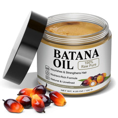 Okutani Batana Aceite Puro en frasco de vidrio para cabello suave y brillante.
