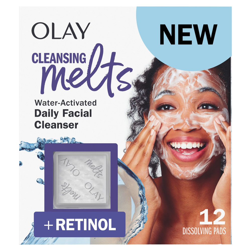 Olay Melts limpieza con empaque seco, práctico para viajar.