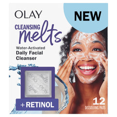 Olay Melts limpieza con empaque seco, práctico para viajar.