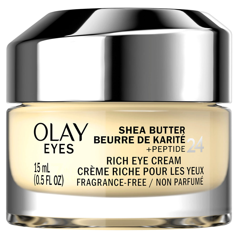 Crema de ojos Olay con manteca de karité y péptidos en envase, hidratación suave.