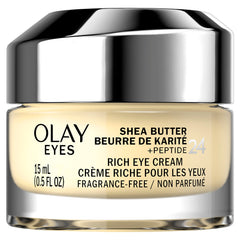 Crema de ojos Olay con manteca de karité y péptidos en envase, hidratación suave.