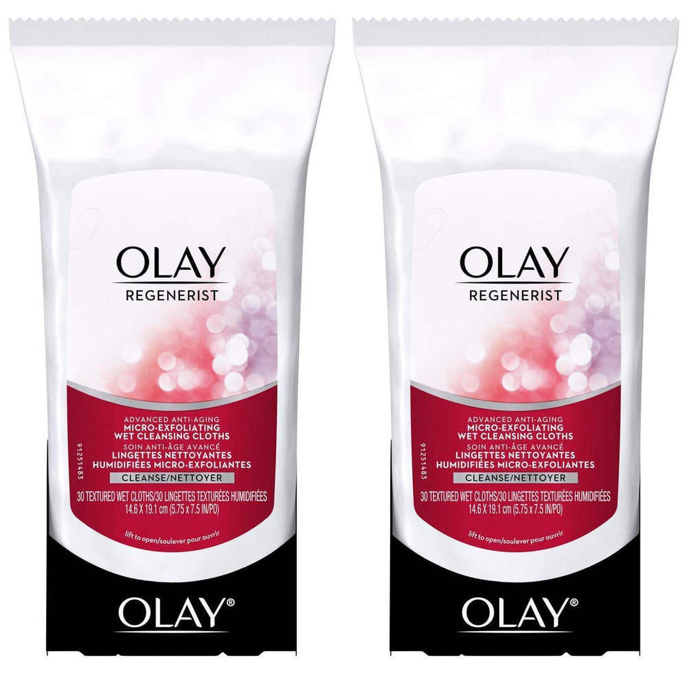 OLAY Regenerist toallitas exfoliantes micro-humedas para limpieza profunda y piel más suave.