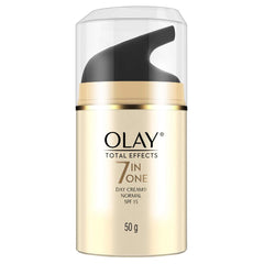 Olay Total Effects crema de día SPF 15 en tubo, textura sedosa para hidratación diaria.
