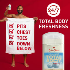Old Spice desodorante total cuerpo para pecho, protección duradera sin irritación.