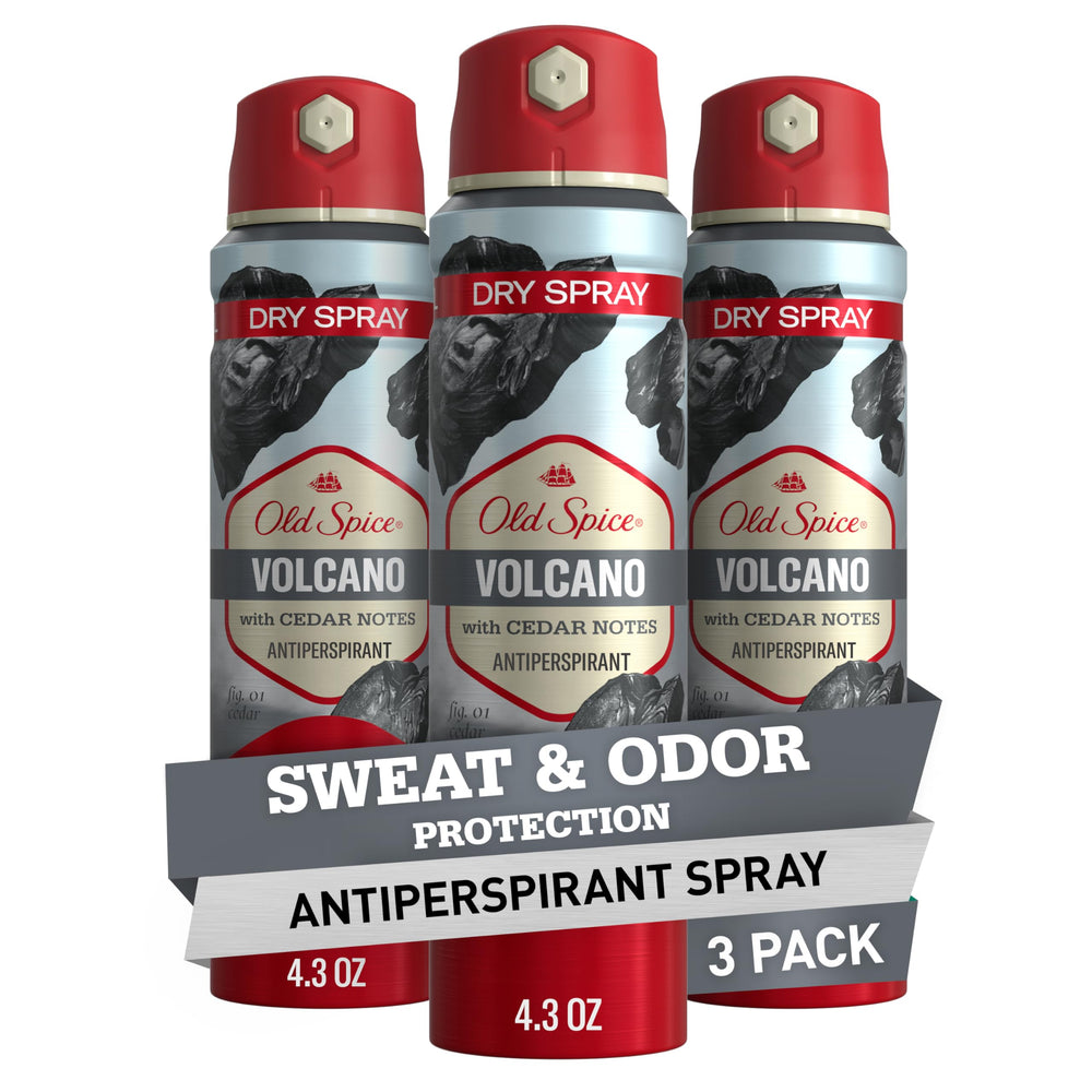 Old Spice Volcano Dry Spray frente al envase, defensa 24/7 contra sudor.