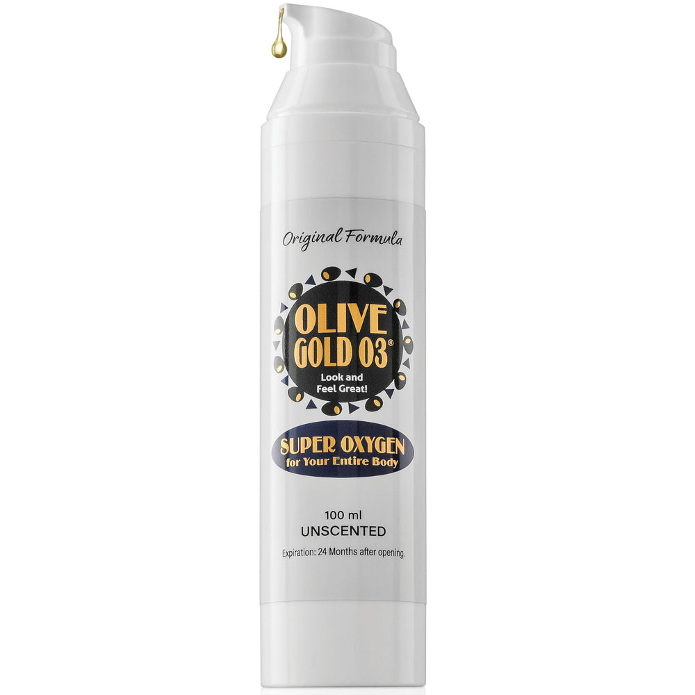 Olive Gold 03 Lotion, botella de hidratante ozonizado para rostro y cuerpo.