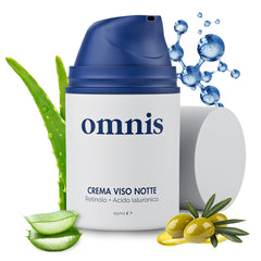 Omnis Uomo Crema Facial, botella volcada, suaviza líneas finas y brinda hidratación duradera.