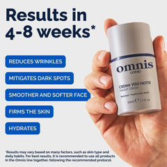 Omnis Uomo Crema Facial, textura cremosa, mejora elasticidad y sensación de suavidad.