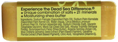 One With Nature Jabon Barra Minerales-del-mar-muerto-limon-verbena-empaque-lateral, aroma cítrico vigorizante para la ducha.
