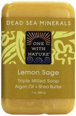 One With Nature Jabon Barra Minerales-del-mar-muerto-limon-verbena-frente, sensación fresca y limpieza suave para la piel.