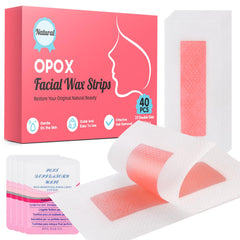 OPOX 40-count facial wax strips packaging shown for home use