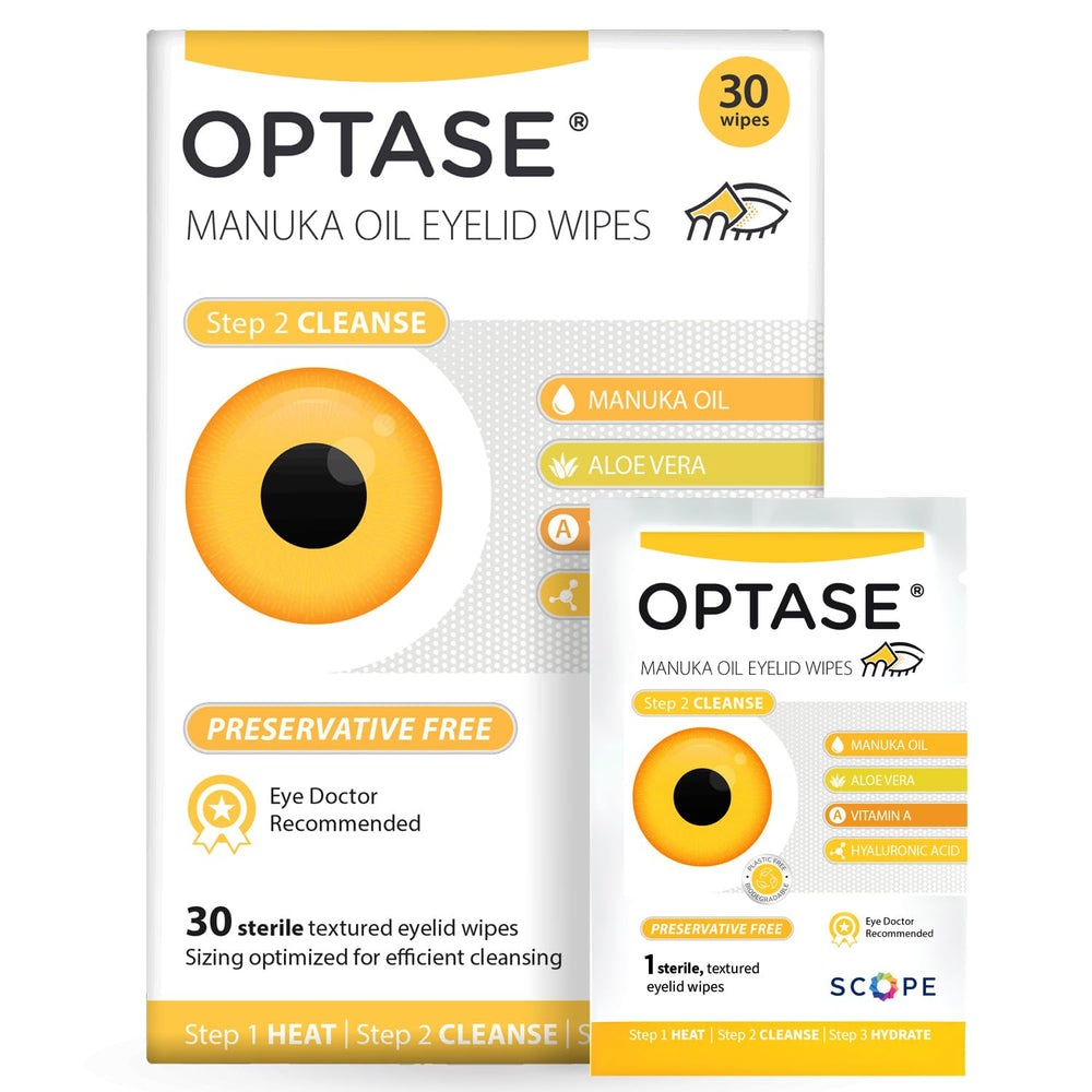Optase toallitas de Manuka con aceite en empaque de 30 unidades para higiene diaria de párpados.