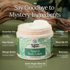 Organic Jaguar crema corporal, ingredientes naturales destacados, cuidado suave para la piel.