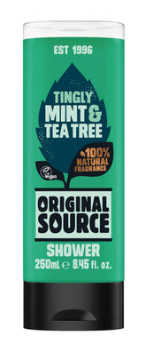ORIGINAL SOURCE frente de la botella, aroma mentolado para despertar las mañanas.