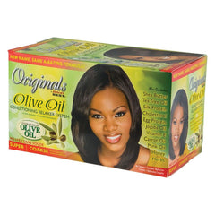 Originals by Africa's Best kit-relajante-capilar con aceite de oliva, envase visible para hidratación.