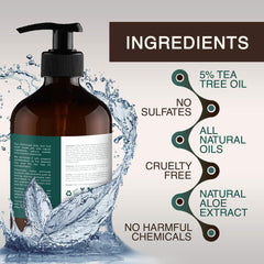 ORISO Tea Tree Oil Body Wash etiqueta destaca ingredientes naturales para el cuidado diario.