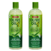 ORS Champú crema aloe oliva en botella, limpieza suave y desenredo fácil.