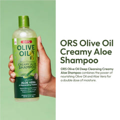 ORS Champú crema Aloe con aceite de oliva, espuma cremosa durante el lavado, brillo ligero.