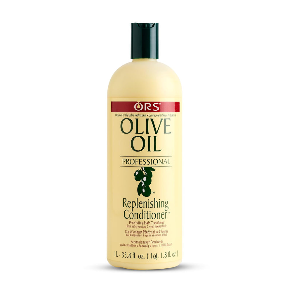 ORS acondicionador profesional con aceite de oliva, botella visible, cabello suave y brillante.