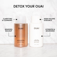 OUAI Detox Champú Clarificante con espuma suave para limpieza rápida.
