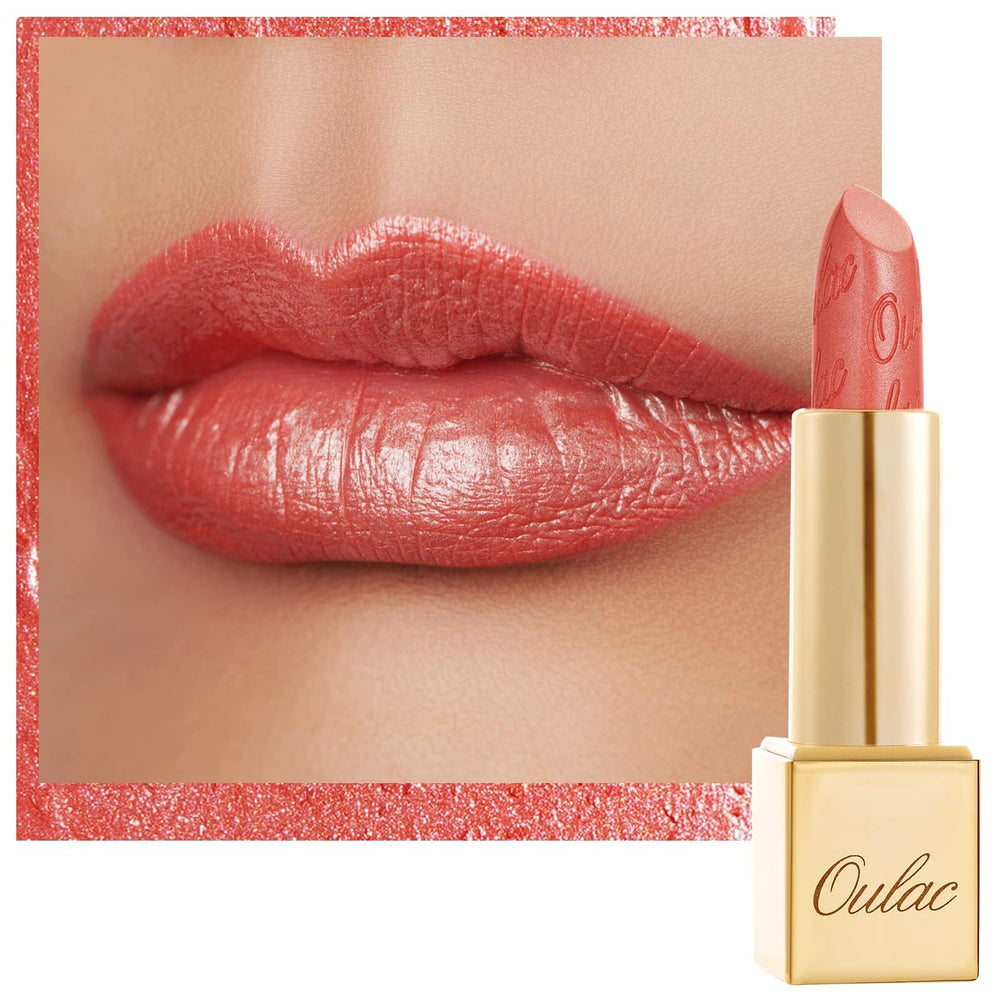 Oulac labial coral rosado, tubo con brillo metalico tridimensional para un look llamativo.