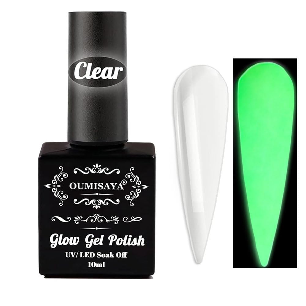 Oumisaya Glow Verde esmalte de gel, botella con brillo y efecto que brilla en la oscuridad.