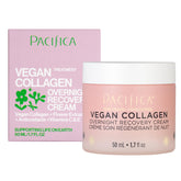 Pacifica crema nocturna con colágeno vegano, botella destacada para hidratación sostenida.