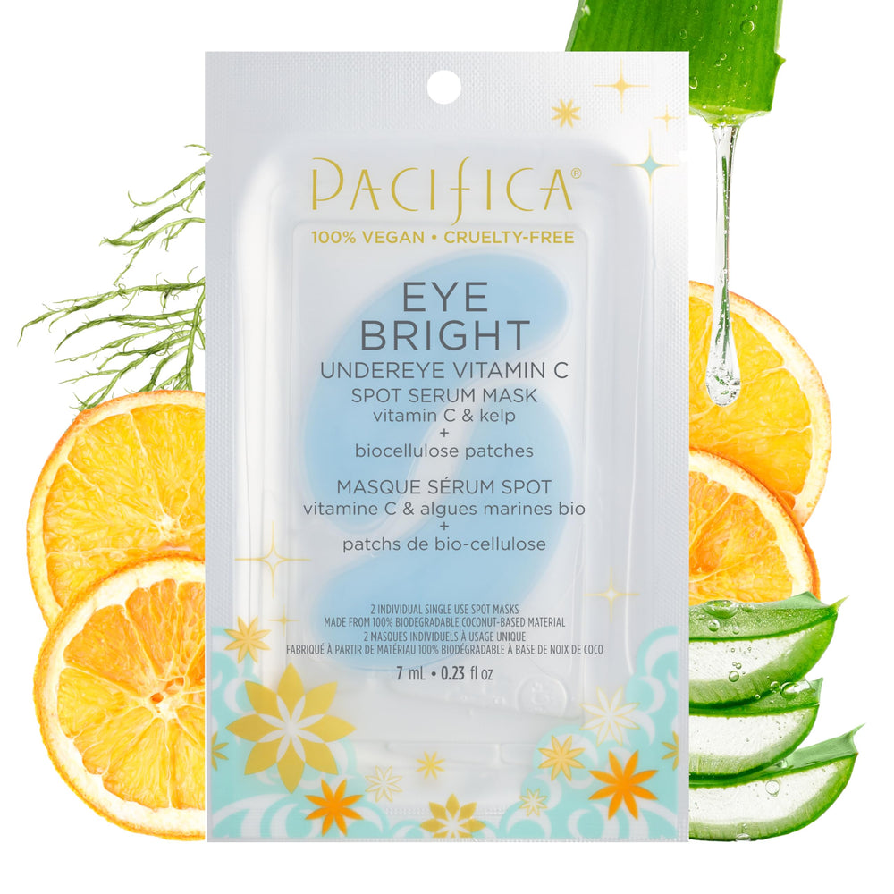 Pacifica parches ojos biocelulosa con vitamina C para hidratación y brillo.