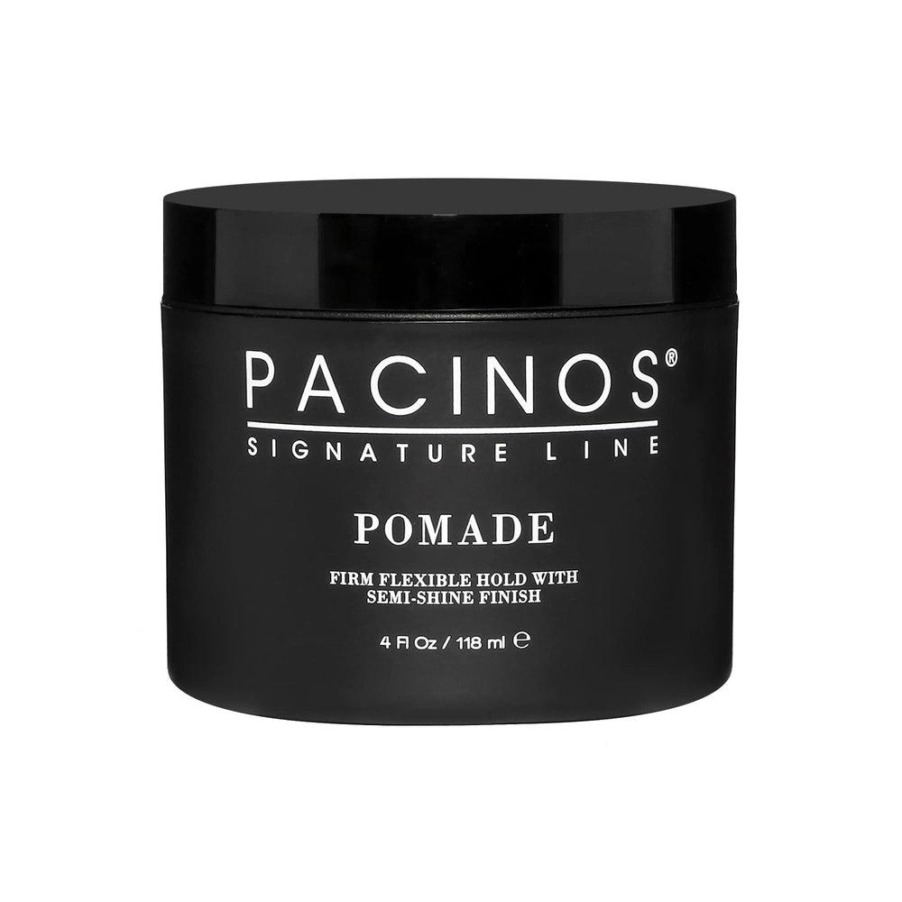Pacinos Pomada: botella con enfoque en peinado flexible y brillo alto para todo tipo de cabello.