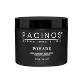 Pacinos Pomada: botella con enfoque en peinado flexible y brillo alto para todo tipo de cabello.