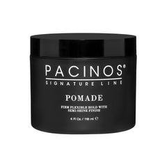Pacinos Pomada: botella con enfoque en peinado flexible y brillo alto para todo tipo de cabello.