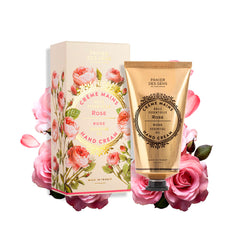 Panier des Sens crema manos rosa, textura cremosa para hidratación profunda.