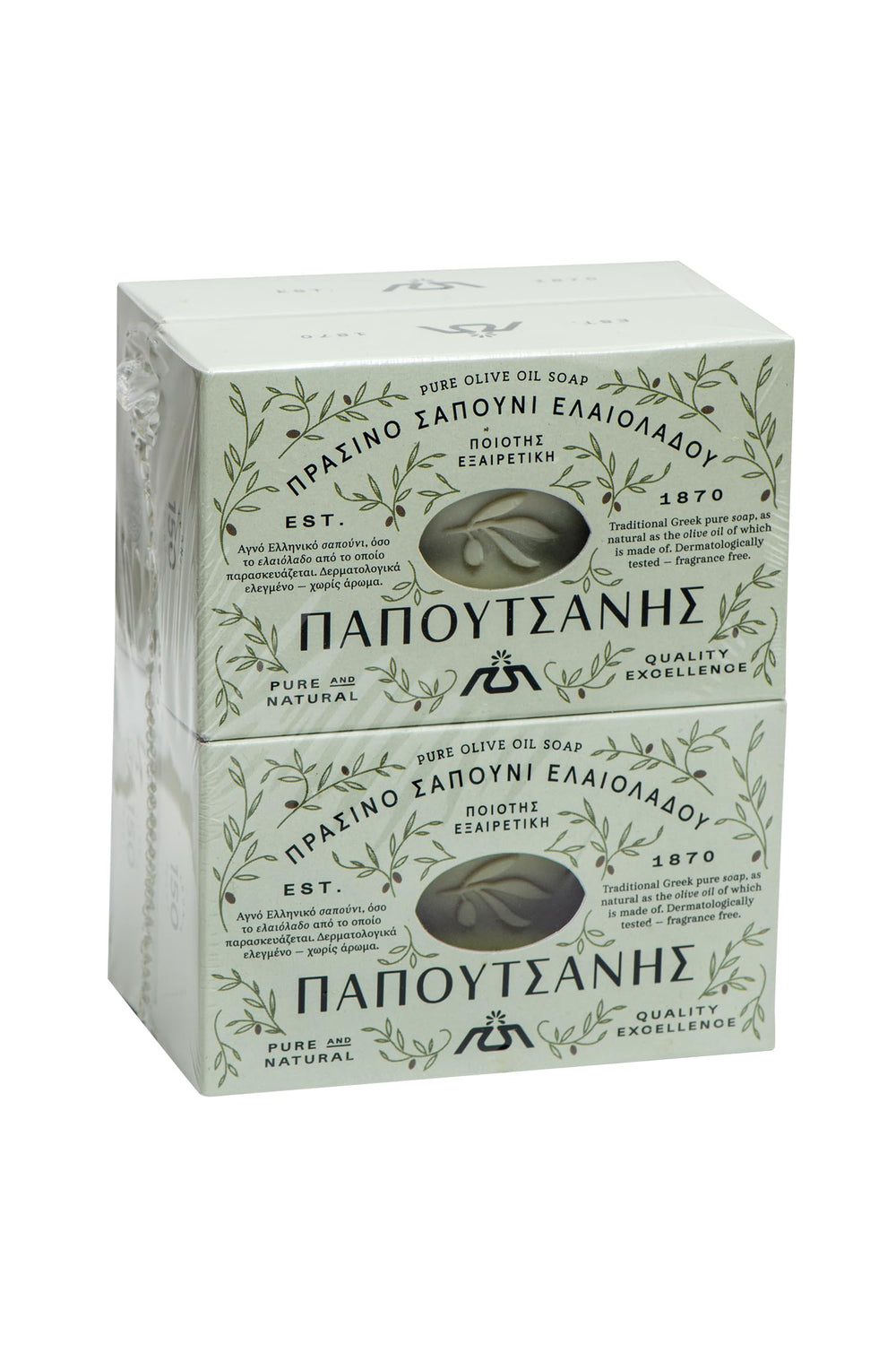 Papoutsanis jabon castilla con aceite de oliva: barras de 4 unidades, sin perfume, para piel sensible.