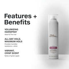 Frasco de Paul Mitchell Extra-Body Firm Hairspray con volumen máximo para cabellos finos.
