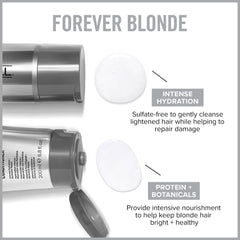 Paul Mitchell Forever Blonde, etiquetas: protege y realza brillo rubio.