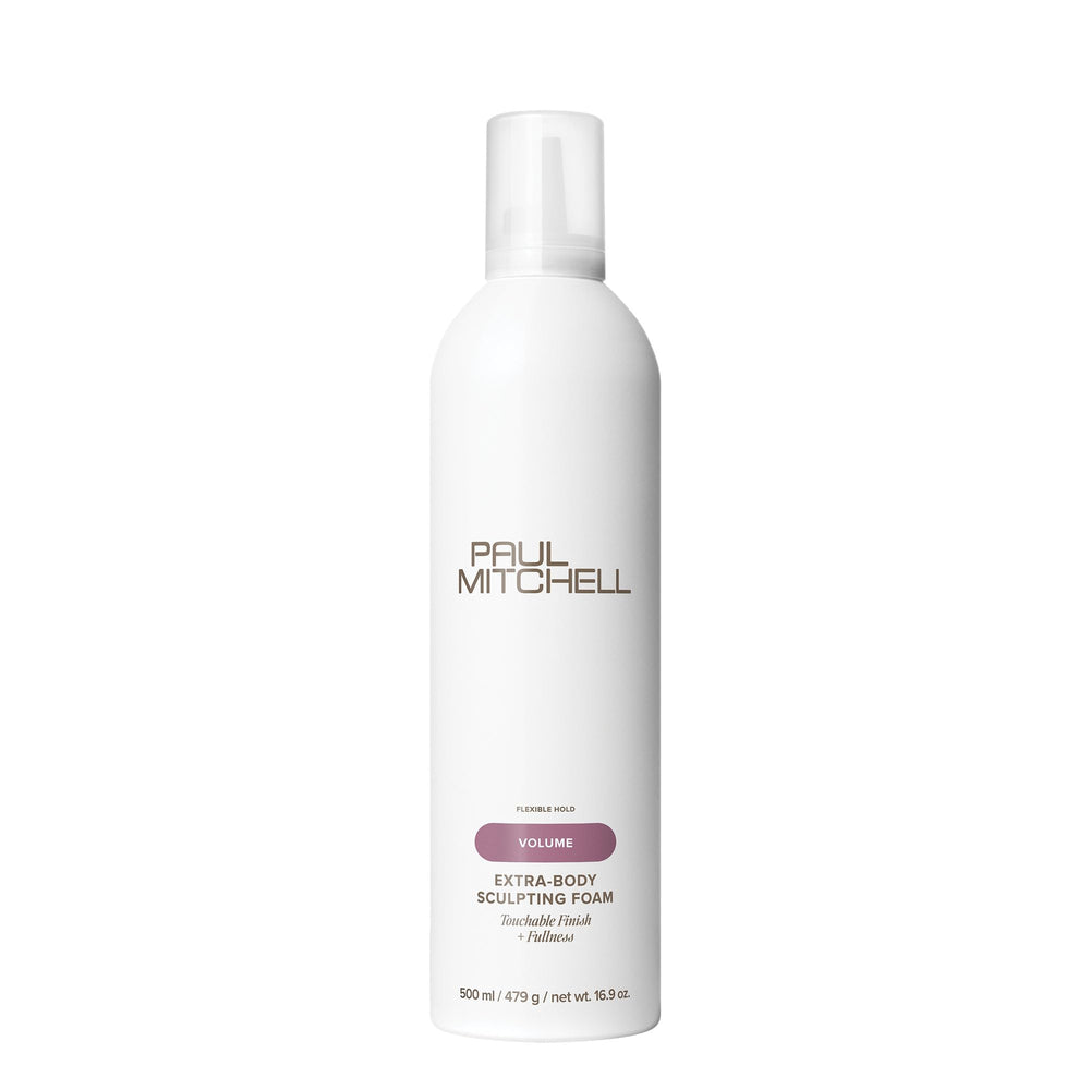 Paul Mitchell Extra-Body Mousse, flacon présenté, volume durable et brillance naturelle.