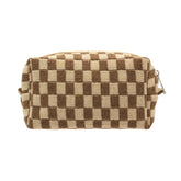 PAZIMIIK bolsa maquillaje cuadriculada frontal, ideal para viajar y organizar cosméticos.