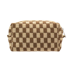 PAZIMIIK bolsa maquillaje cuadriculada frontal, ideal para viajar y organizar cosméticos.