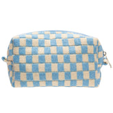 PAZIMIIK bolso maquillaje cuadros azul-beige frente, ideal para organización rápida en viajes.