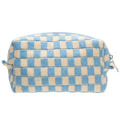PAZIMIIK bolso maquillaje cuadros azul-beige frente, ideal para organización rápida en viajes.