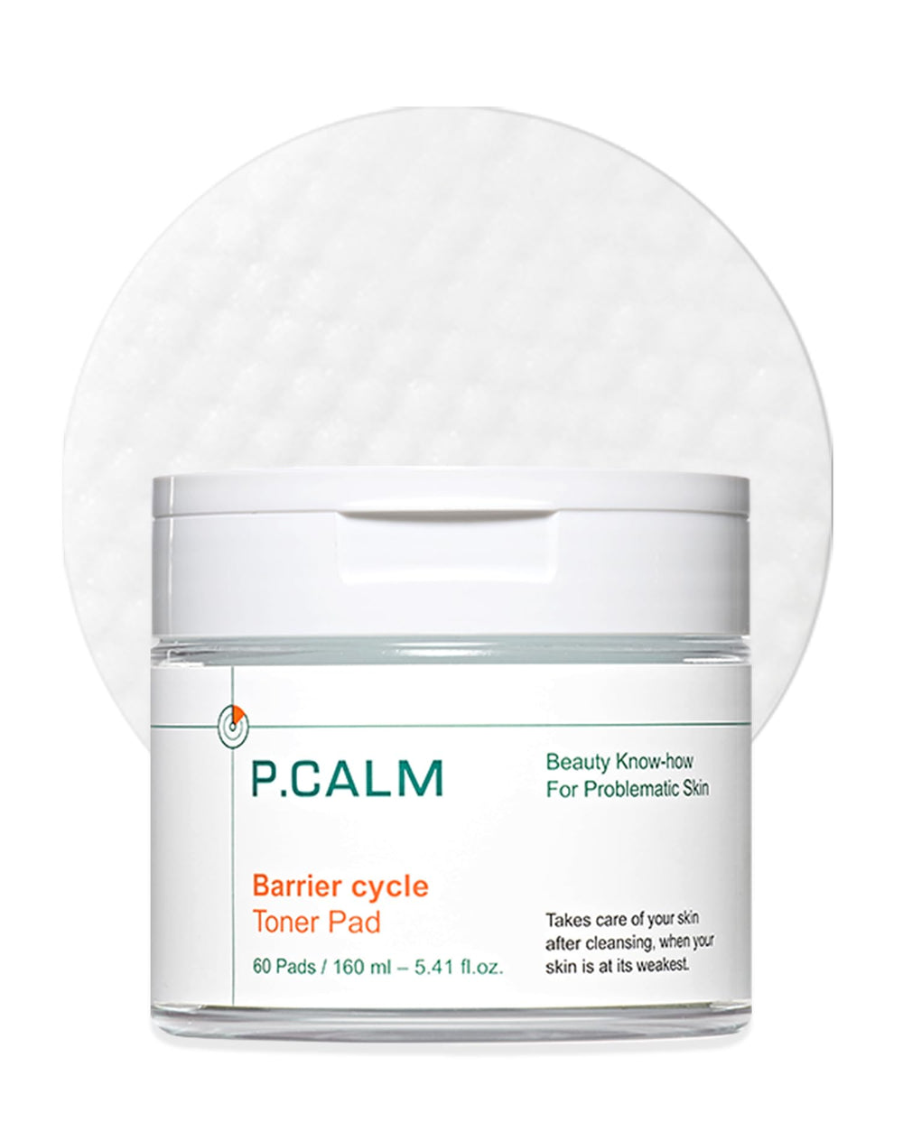 P.CALM Barrier Cycle Toner Pad: caja elegante para piel sensible.