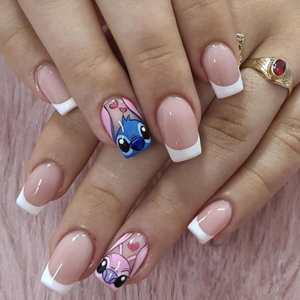 PDFADSK uñas frances con diseño de dibujos, corto y cuadrado, listas para lucir en cualquier ocasión