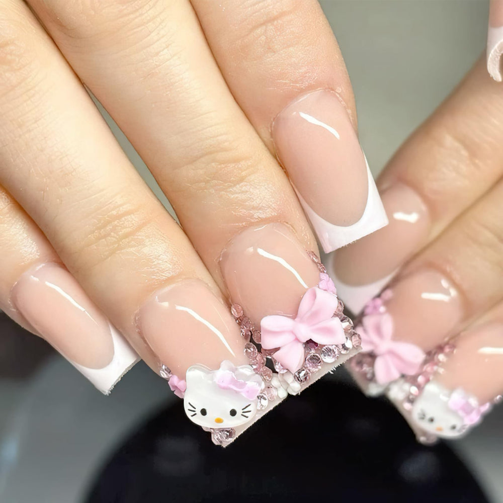 PDFADSK uñas francesas punta blanca, formato mediano cuadrado, acabado brillante para un look elegante.