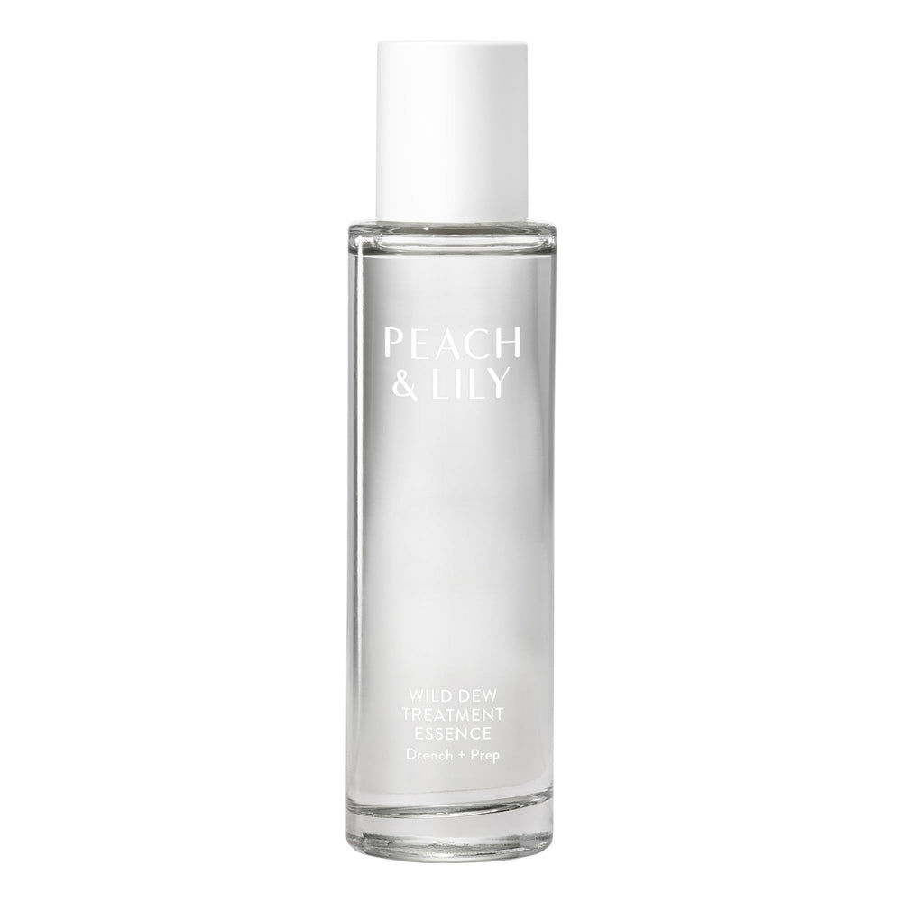 Peach & Lily Wild Dew Treatment Essence — bouteille et versement, hydratation légère.